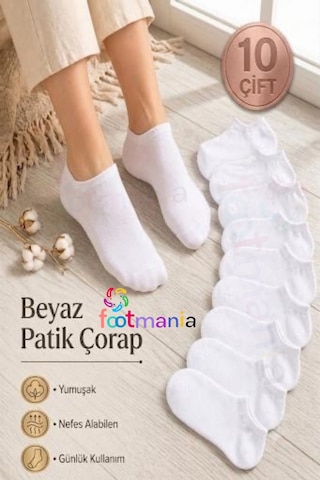 Footmania 10'lu Beyaz Kısa Patik Bilek Çorap Pamuklu Extra Soft