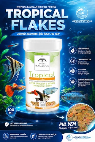 White Balance Tropical Flakes - Tropical Balık Yemi - Özel Formül - Zengin İçerik - Özel Türler İçin Besleyici - 100 Ml