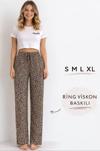 Viskon Pamuklu Kadın Leopar Desenli Pijama Pantolon - Mg005 - Mudanis Leopar Deseni