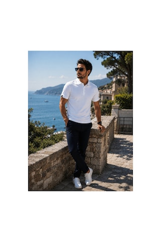 Luxıc Core Erkek Polo Yaka Beyaz Tişört Likralı Pike Kumaş Terletmez Slim Fit Günlük Şık Tasarım