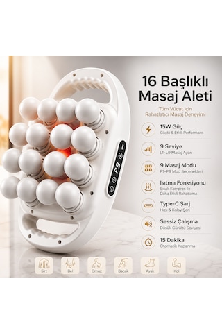 16 Başlıklı Isıtmalı Masaj Aleti 9 Seviye 9 Mod Sıcak Kompres Type-c Şarjlı Dijital Ekranlı Tüm Vücut Masaj Cihazı Beyaz