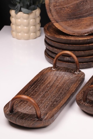 Bambum 8 Parça Pavlonya Obsidian Ahşap Sunum Seti Yuvarlak Ve Dikdörtgen Ayaklı Servis Tabaklar Ahşap