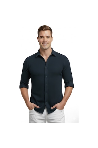 Deepsea Lacivert Slim Fit Örme Kumaş Likralı Erkek Gömlek Nefes Alan Esnek Ve Modern Tasarım 2602604 Lacivert