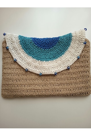 Elmundo Butik Kağıt İp El Yapımı Nazar Boncuğu Clutch Çanta Bej - Mavi -beyaz