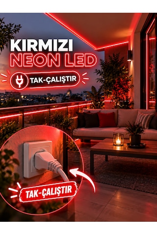 15 Metre Tak Çalıştır Kırmızı Renk Neon Led Borsan 220v Neon Led Kırmızı Montaj Aparatı Dahil