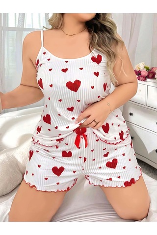 Senoramoda Büyük Beden Kalp Desen Pamuklu Şortlu Pijama Takımı Beyaz