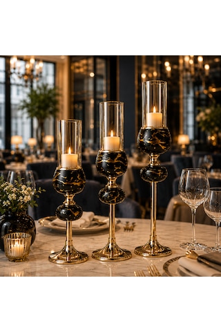 3'lü Siyah Mermer Desenli Gold Metal Dekoratif Cam Mumluk Şamdan