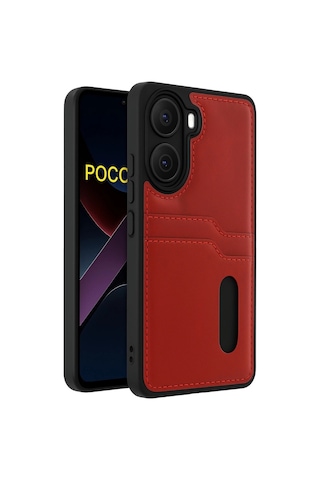 Xiaomi Poco X7 Pro Kılıf Sara Kartvizitli Deri Kılıf - Kırmızı Düz Renkli