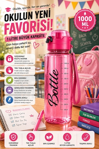 Pembe 1 Litre Suluk Matara Sızdırmaz Kilitli Kapaklı Bpa İçermez Okul Spor Su Şişesi 1000 Ml Askılı