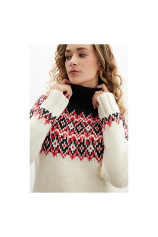 Styleboom X Peraluna Cotswald Faır Isle Pullover Balıkçı Yaka Baklava Desen Kazak Kadın Triko Kazak - Ekru Multi-ekru Ekru