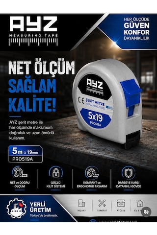 Ayz Şerit Çelik Metre 5m X 19mm Gri 5