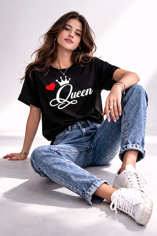 King Queen Sevgili Kombini Çift Tişört Matching Couple Oversize U Siyah