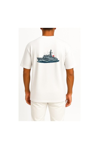 Bahriyeli Collection Oversize F500 Tcg Bozcaada Savaş Gemisi Cep Ve Sırt Tasarımlı Unisex T-shirt Beyaz
