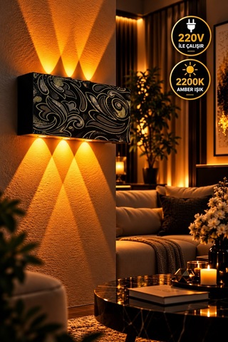 Siyah Gold Barok Desenli 12w 2200k Amber Işıklı 3 Gözlü Yukarı Aşağı Dekoratif Duvar Apliği 16 Cm Amber Işık