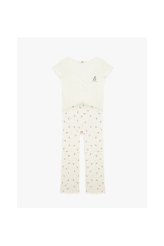 Koton Ayıcık Baskılı Pamuklu Rahat Kalıp V Yaka Kısa Kollu Pijama Takımı Ekru 7wlk40214mk