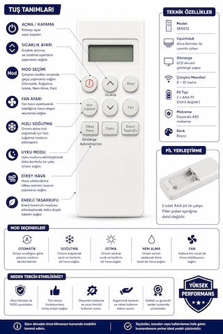 Altus Sk0512 Lcd Ekranlı Klima Kumandası .