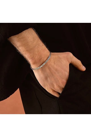 925 Ayar Gümüş Kabartmalı Unisex Kelepçe Bileklik Gümüş