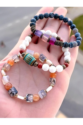 3.lü Doğal Taş Damarlı Akik,firuza Ve Jasper Taşı Doğaltaş Bileklik Mdl189188187 Çok Renkli