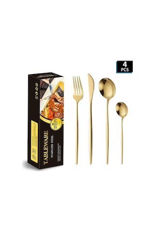 Teltree 4'lü Altın Renkli Çelik Bıçak-çatal-kaşık Seti: Dayanıklı, Yeniden Kullanılabilir, Partiler Ve Günlük Kullanım İçin Mükemmel Altın