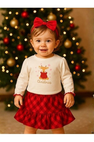 Zekids Kız Bebek Organik Yılbaşı Temalı Etekli Takım-16443 Kırmızı