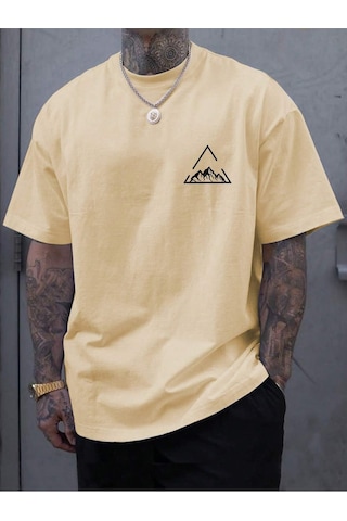 Üçgen Dağ T-shirt - Sarı Baskılı Oversize Bisiklet Yaka Kısa Kol Tişört Sarı