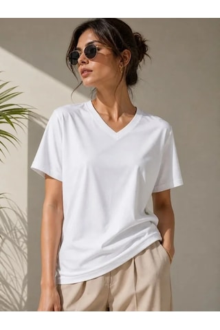 Hazego V Yaka Basic Tişört Kısa Kol Yazlık Regular Fit T-shirt - Beyaz