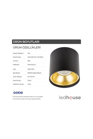 Spot Lamba Led 7W Silindir Siyah-Gold Duvar Aydınlatma Armatür