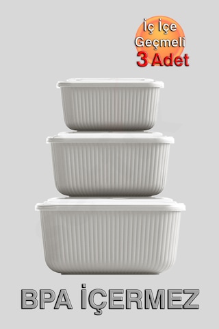 İç İçe Geçmeli Snaplid Dikdörtgen Saklama Kabı 600 - 1100 - 1800 Ml Üçlü Set Bej