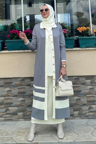 İmge Çizgili Triko Hırka Gri Çok Renkli