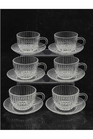 Çnr Home Collection 6 ' Lı Cam Kahve Fincan Seti Zarif Desenli Cam Bardak & Tabak Takimi Beyaz