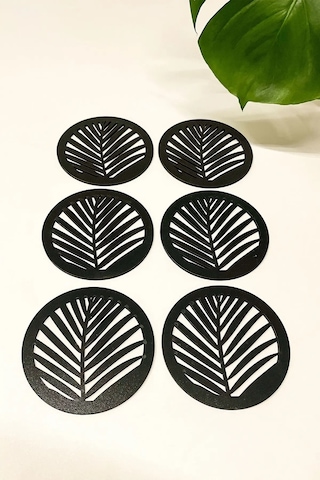 Yaprak Desenli Ahşap Mdf Bardak Altlığı 6'lı Set Siyah
