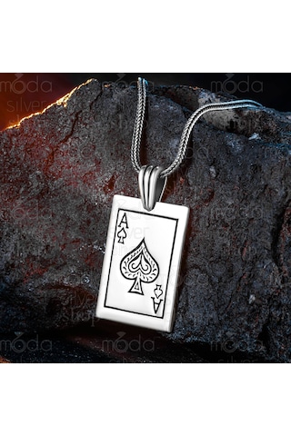 925 Ayar Gümüş Maça Ası Tasarım Erkek Kolye Gümüş