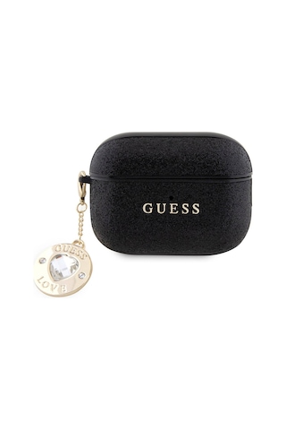 Apple Uyumlu AirPods Pro 2 Kılıf Guess Lisanslı Glitter Elmas Kalp Süs Zincirli Siyah