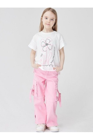 Escabel Kız Çocuk Pamuklu Çiçek Baskılı T-shirt-14028 Ekru
