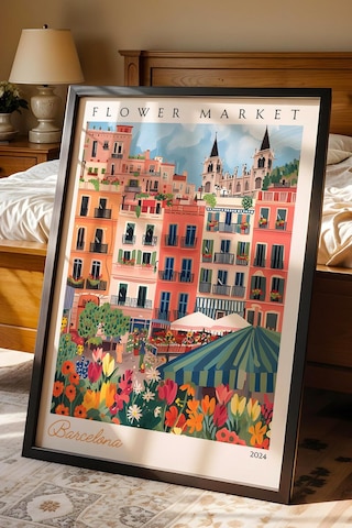 Barselona İspanya Çerçeveli Tablo Seyahat Severlere Salon Ve Ofis İçin Estetik Duvar Dekoru Travel Flower Market