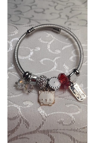 Uzel Çelik Gümüş Silver Model Taşlı, Kedicik Charmlı Çelik Bileklik