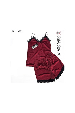 Belpa Sıla Sella Kadife Dantel Detaylı Şortlu Takım Bordo