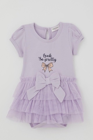 Breeze Kız Bebek Kısa Kollu Çıtçıtlı Zıbın Elbise Tütü Etekli Fiyonk Detaylı 6 Ay - 2 Yaş , Lila