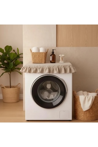 Fırfırlı Çamaşır Makinesi Örtüsü - Çeyizlik Dekoratif Banyo Makine Kılıfı- Bej
