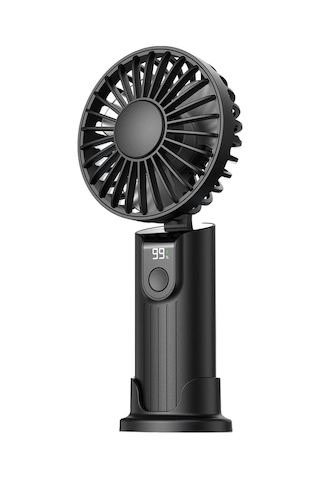 Warmco K38 Ekranlı 4 Kademeli El Vantilatörü 5000mah Şarjlı Taşınabilir Katlanabilir Standlı Boyun Askılı Soğutucu Fan Siyah