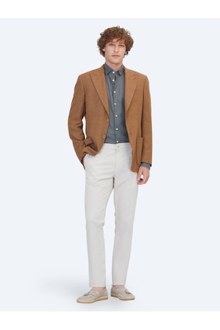 Kip Kahverengi Desenli Modern Fit Keten Karışımlı Ceket