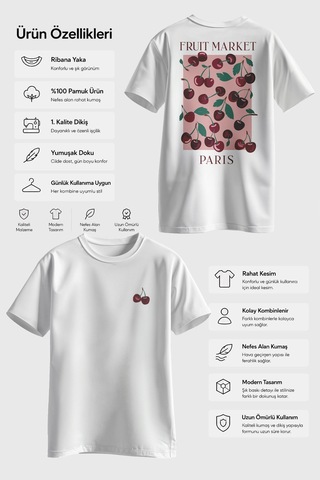 Spoyi Cherry Paris Tasarımlı %100 Pamuk Yarım Oversize Beyaz T-shirt