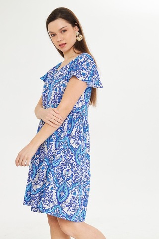 Mavi Yuvarlak Yakalı Kısa Mendil Kol Etnik Otantik Desenli Rahat Kesim A-line Kısa Elbise Mavi-beyaz