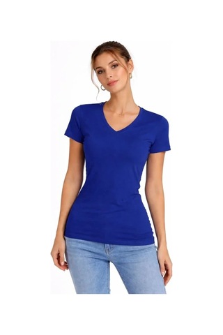 Valensdesign 2li V Yaka Tişört Kısa Kollu Yazlık Slim Fit Body - Saks Mavisi - Ekru Çok Renkli