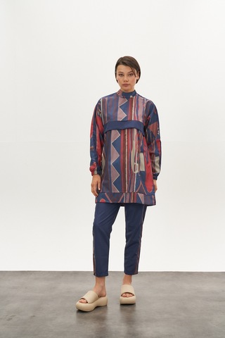 Etnik Desen Tesettür Mayo Mavi Kısa Y Siyah