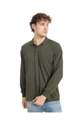 Erkek Orta Yaş Ve Üzeri Polo Yaka Cepli Uzun Kollu Mevsimlik Sweatshirt 1103-haki Yeşili-haki Yeşili Haki