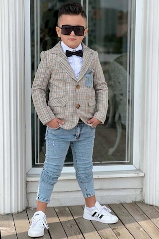 Riccotarz Erkek Çocuk Çizgili Blazer Ceket Kot Pantolon Gri Alt Üst Takım 001