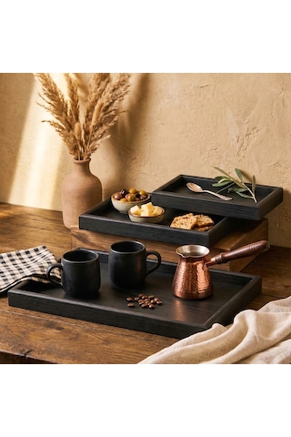 Porsima 1301050046 Ahşap Tepsi 3lü Set Çay Kahve Bambu Sunumu Tepsi Seti Siyah Siyah