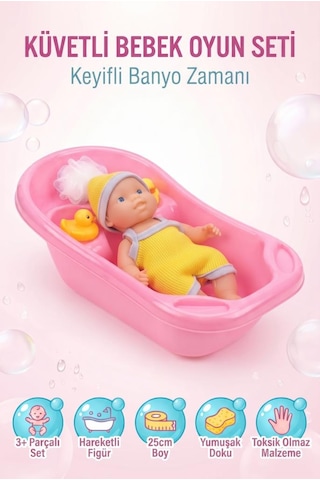 Küvetli Bebek Banyo Seti 25 Cm Oyuncak Bebek Ve Küvet Aksesuarlı Tam Set Sarı