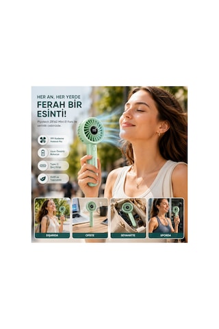 Zb162 Dijital Göstergeli Mini El Fanı Şarj Edilebilir Taşınabilir Cep Vantilatörü Mint Yeşili